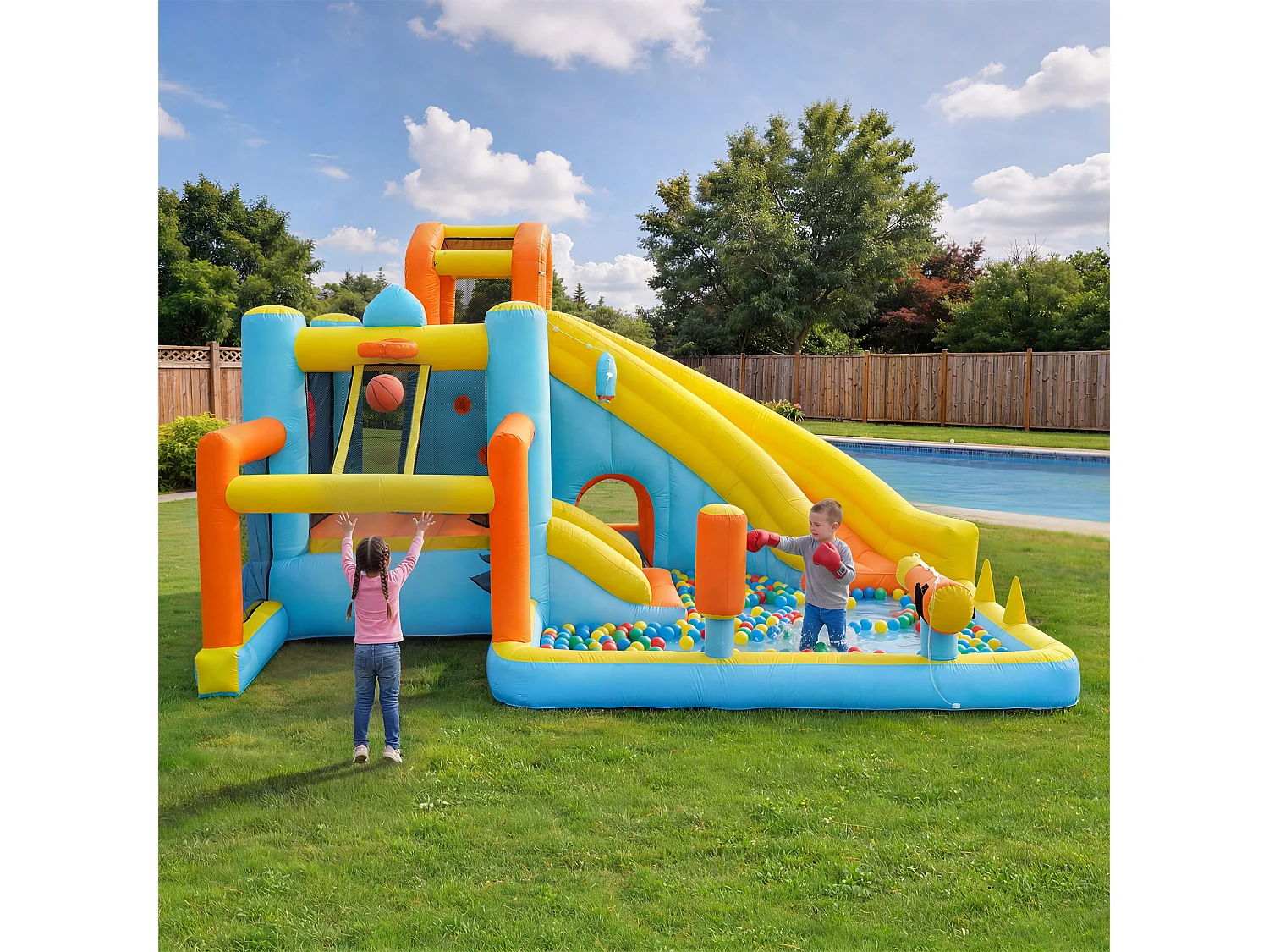 Château gonflable pour enfants（3-10 ans) 4 places - 405 x 416 x 218 cm - avec toboggan + piscine + souffleur - Oxford - Multicolore