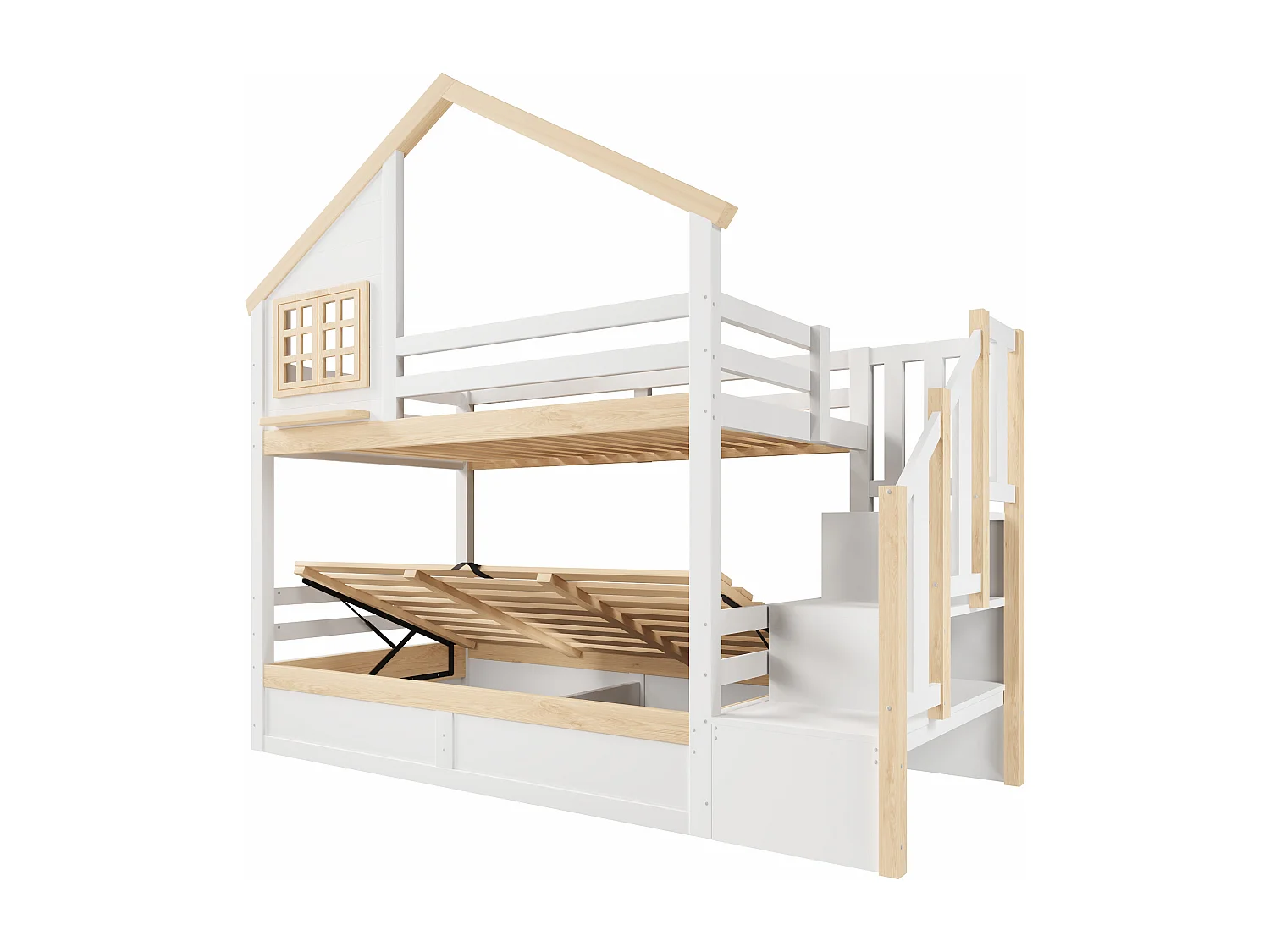 Litera infantil - 2 x 90 x 200 cm - con camas hidráulicas + escalera de almacenamiento - madera - blanca