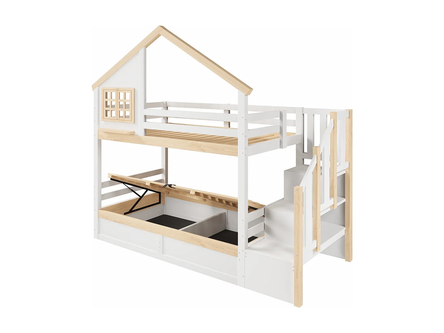 Litera infantil - 2 x 90 x 200 cm - con camas hidráulicas + escalera de almacenamiento - madera - blanca