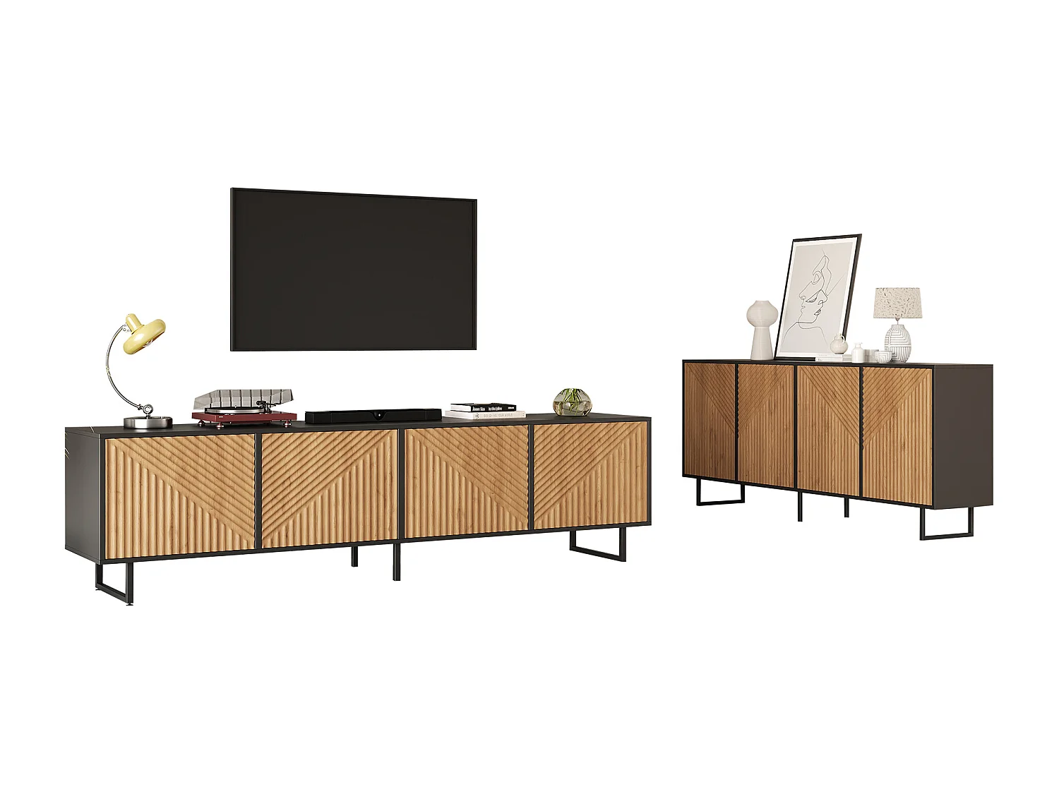 Komplettes 2-teiliges Wohnzimmer-Möbelset – bestehend aus 1 Sideboard und 1 viertürigem TV-Schrank – Spanplatte – natur