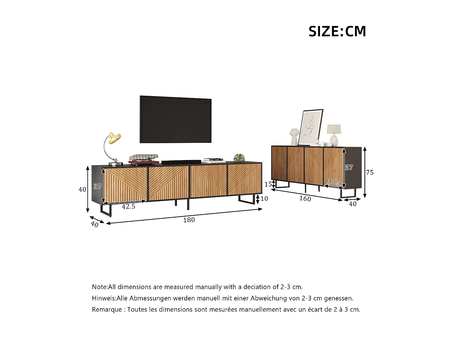 Komplettes 2-teiliges Wohnzimmer-Möbelset – bestehend aus 1 Sideboard und 1 viertürigem TV-Schrank – Spanplatte – natur