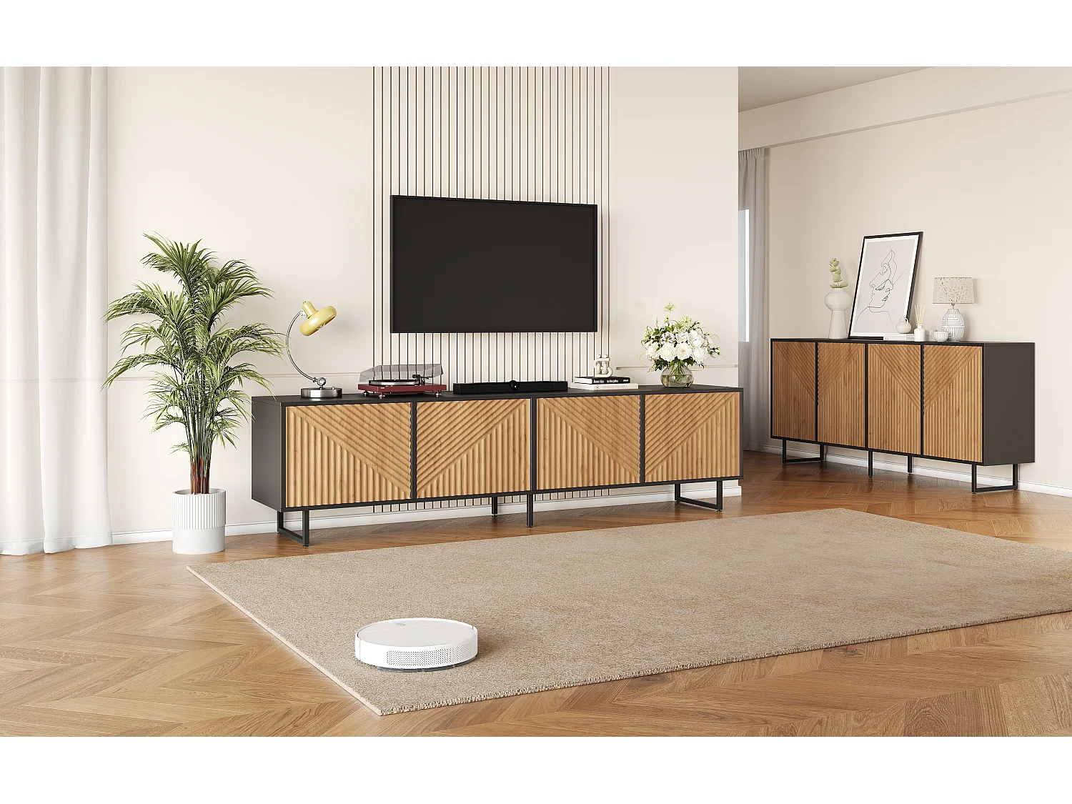 Komplettes 2-teiliges Wohnzimmer-Möbelset – bestehend aus 1 Sideboard und 1 viertürigem TV-Schrank – Spanplatte – natur