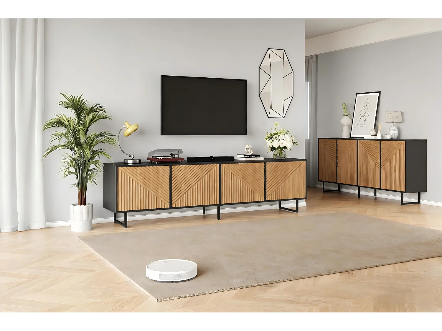 Komplettes 2-teiliges Wohnzimmer-Möbelset – bestehend aus 1 Sideboard und 1 viertürigem TV-Schrank – Spanplatte – natur