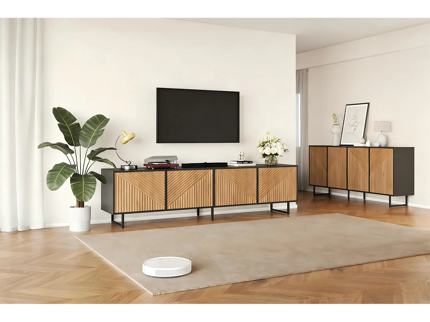 Komplettes 2-teiliges Wohnzimmer-Möbelset – bestehend aus 1 Sideboard und 1 viertürigem TV-Schrank – Spanplatte – natur