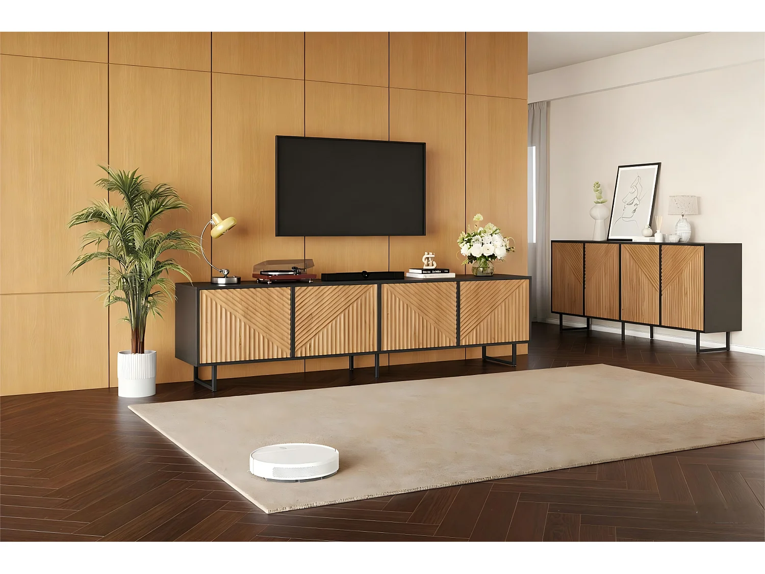 Komplettes 2-teiliges Wohnzimmer-Möbelset – bestehend aus 1 Sideboard und 1 viertürigem TV-Schrank – Spanplatte – natur