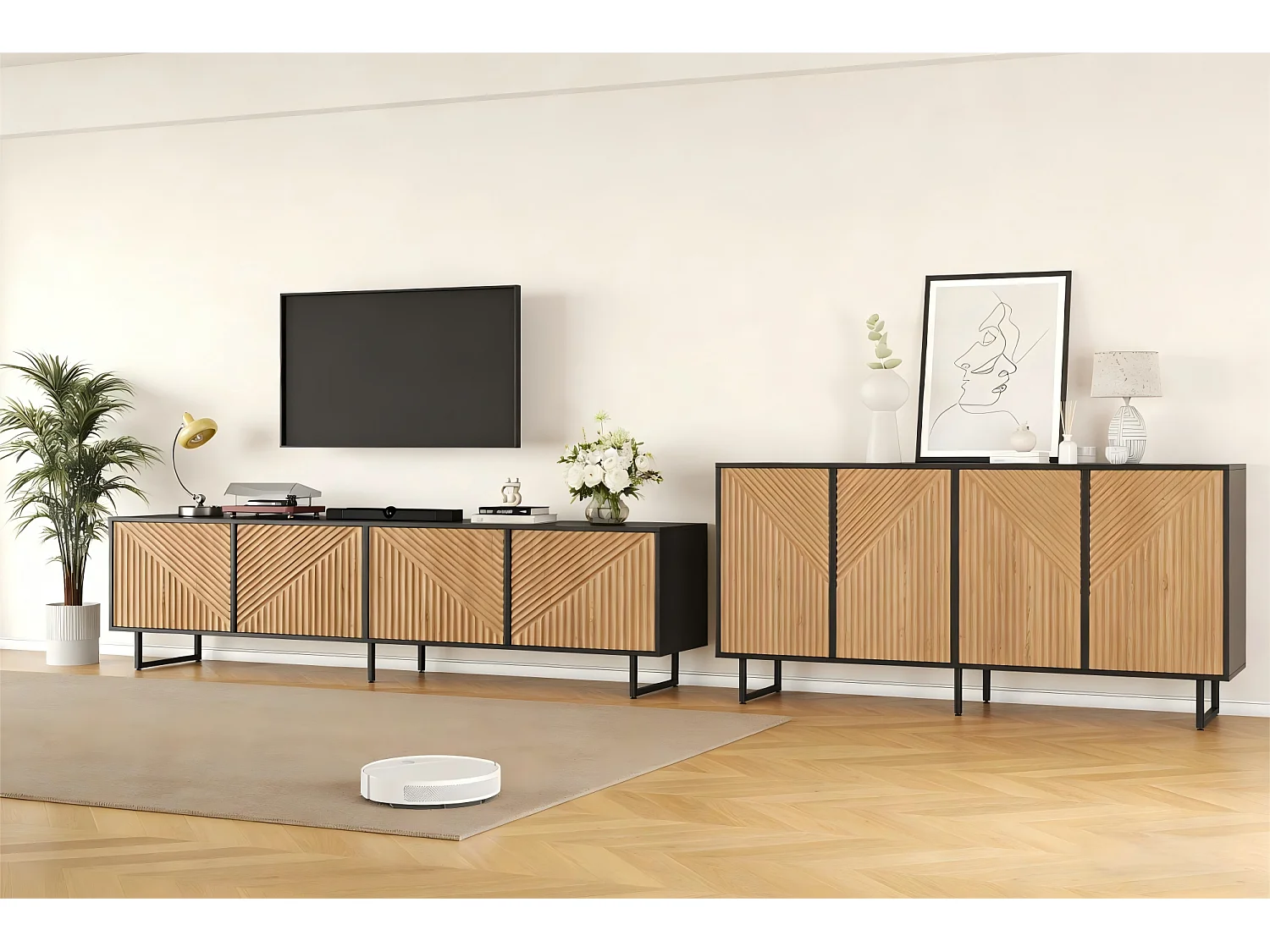 Komplettes 2-teiliges Wohnzimmer-Möbelset – bestehend aus 1 Sideboard und 1 viertürigem TV-Schrank – Spanplatte – natur