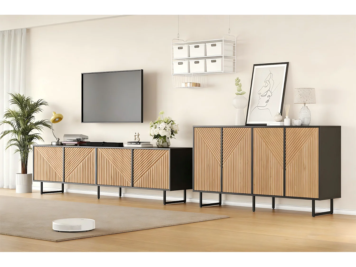 Komplettes 2-teiliges Wohnzimmer-Möbelset – bestehend aus 1 Sideboard und 1 viertürigem TV-Schrank – Spanplatte – natur