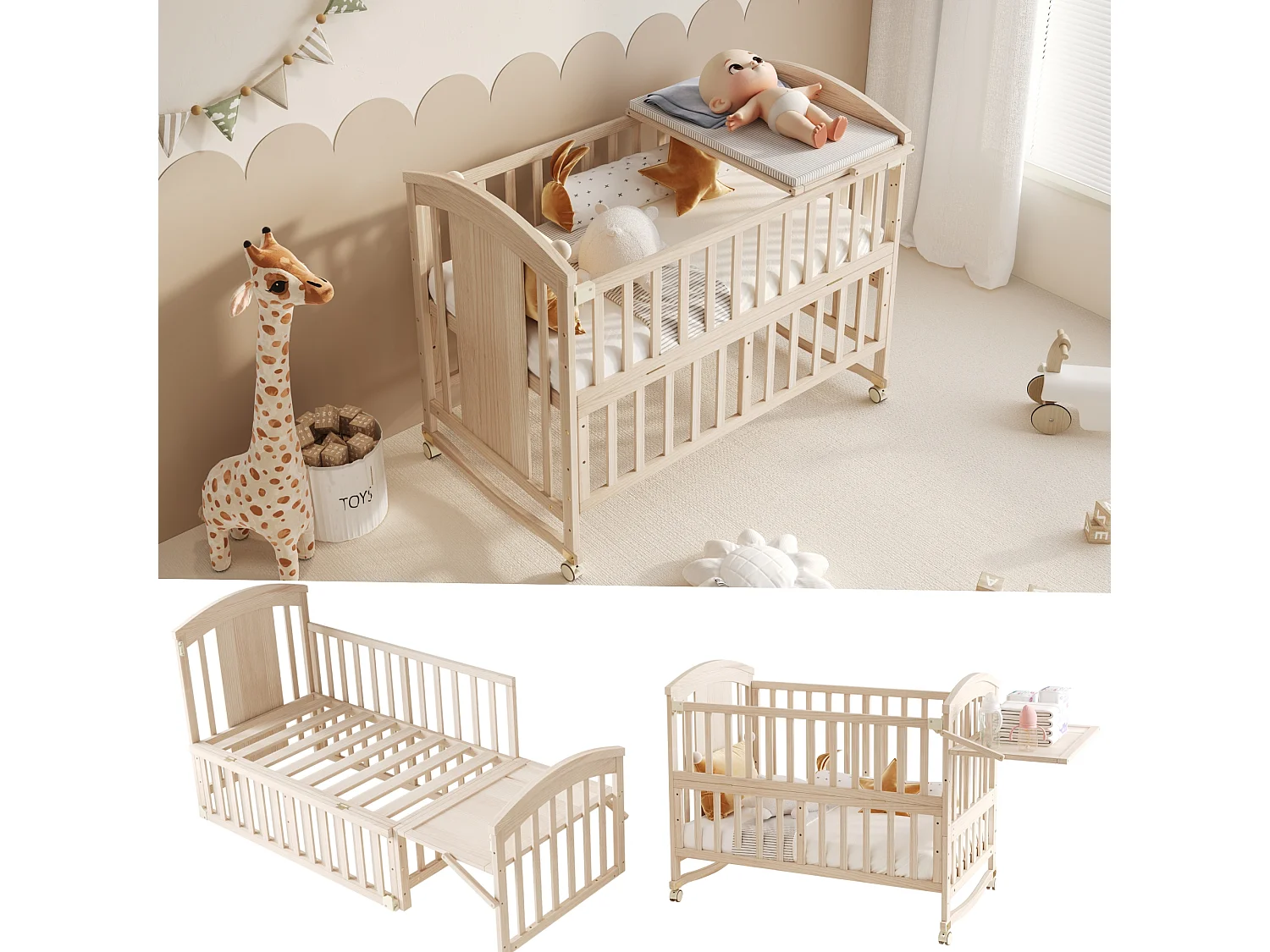 Houten babybedje - 120 x 60 x 95 cm - met aankleedtafel + opklapbaar opbergplankje - hout - naturel