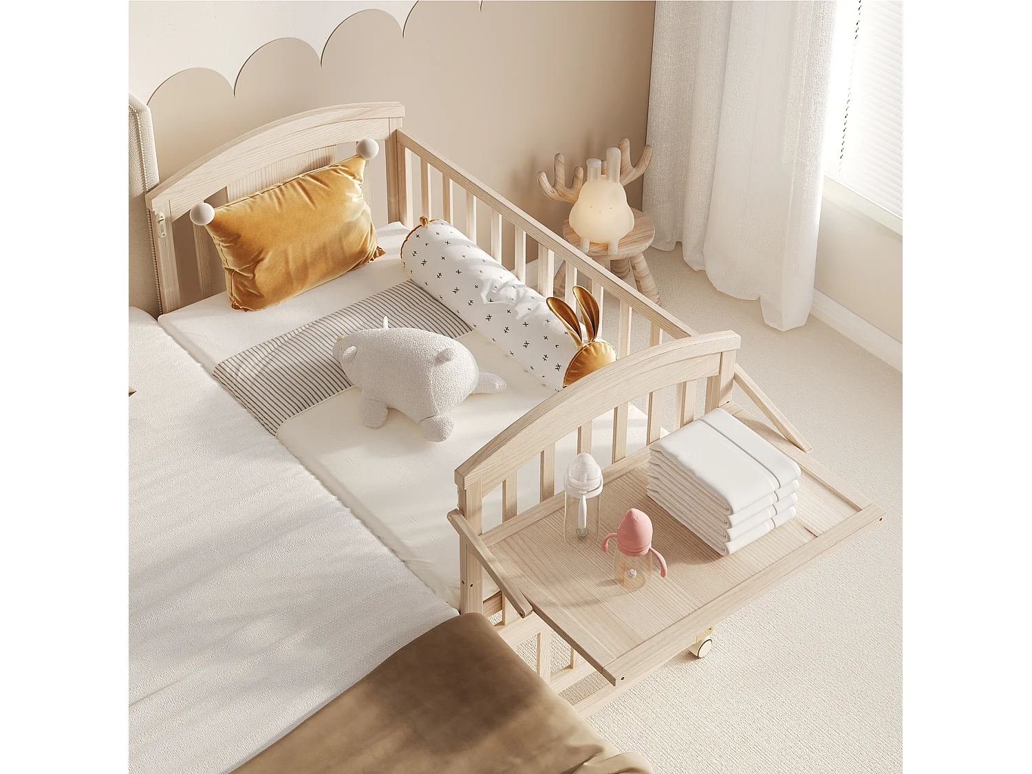 Houten babybedje - 120 x 60 x 95 cm - met aankleedtafel + opklapbaar opbergplankje - hout - naturel