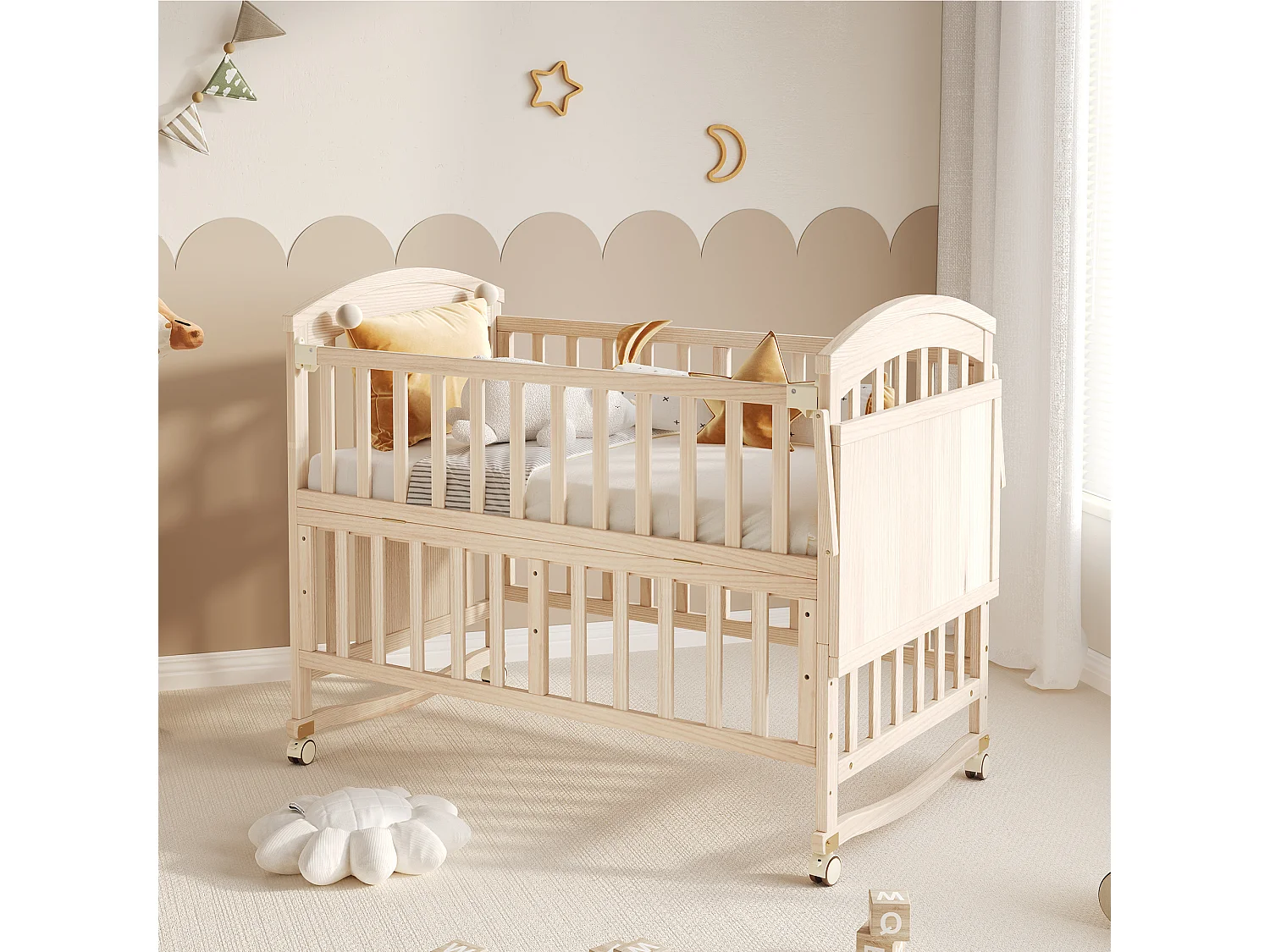 Houten babybedje - 120 x 60 x 95 cm - met aankleedtafel + opklapbaar opbergplankje - hout - naturel