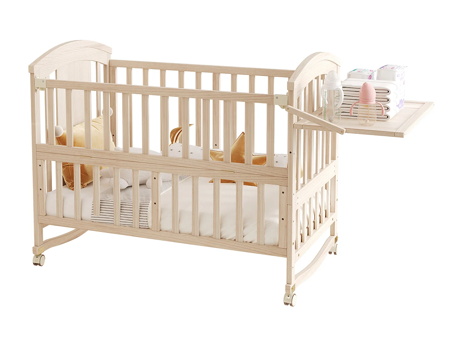 Houten babybedje - 120 x 60 x 95 cm - met aankleedtafel + opklapbaar opbergplankje - hout - naturel