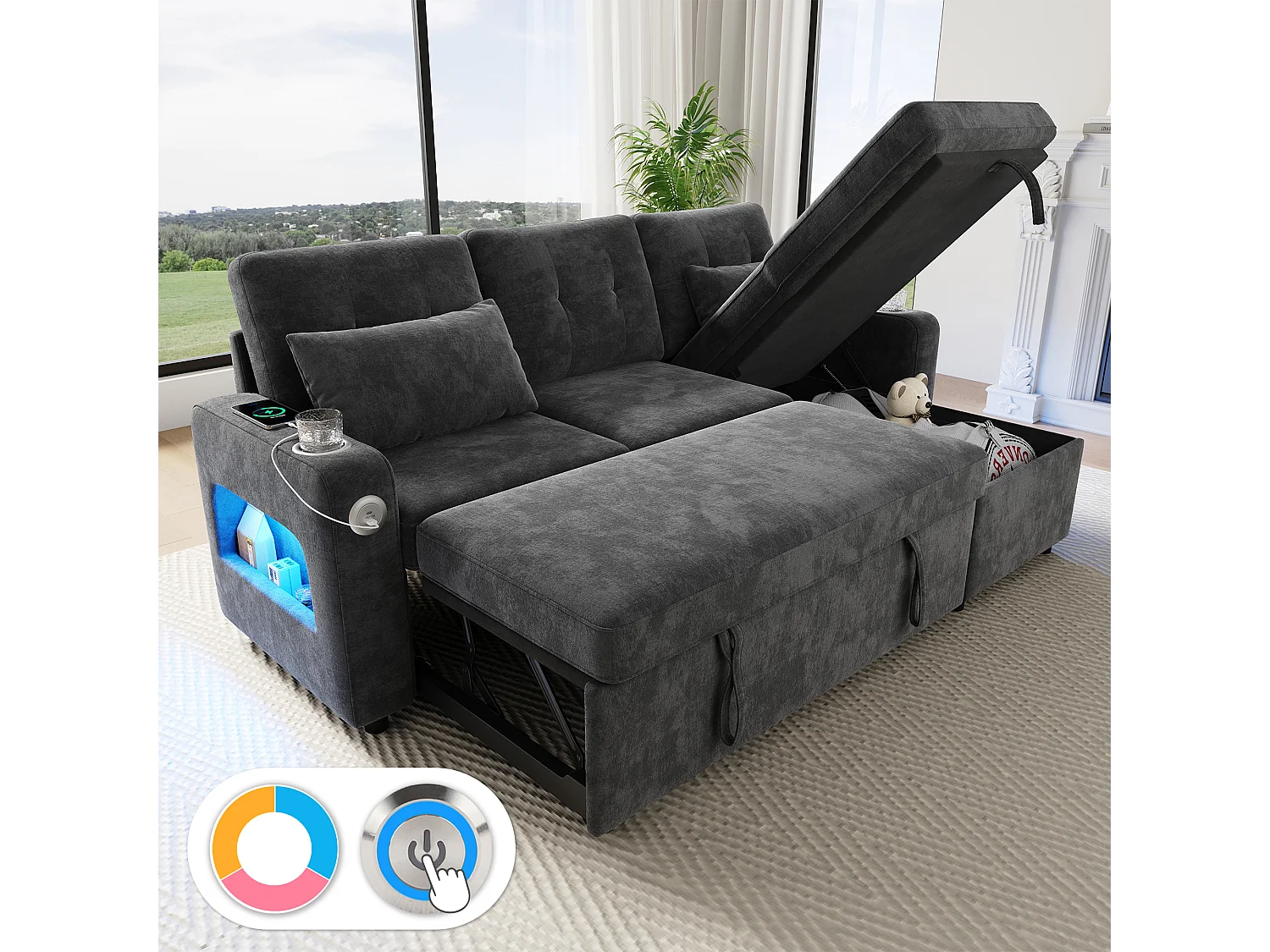 Canapé d'angle convertible 3 places - 206 x 131 x 85 cm - avec rangement + Leds + USB + porte-gobelets - velours - gris