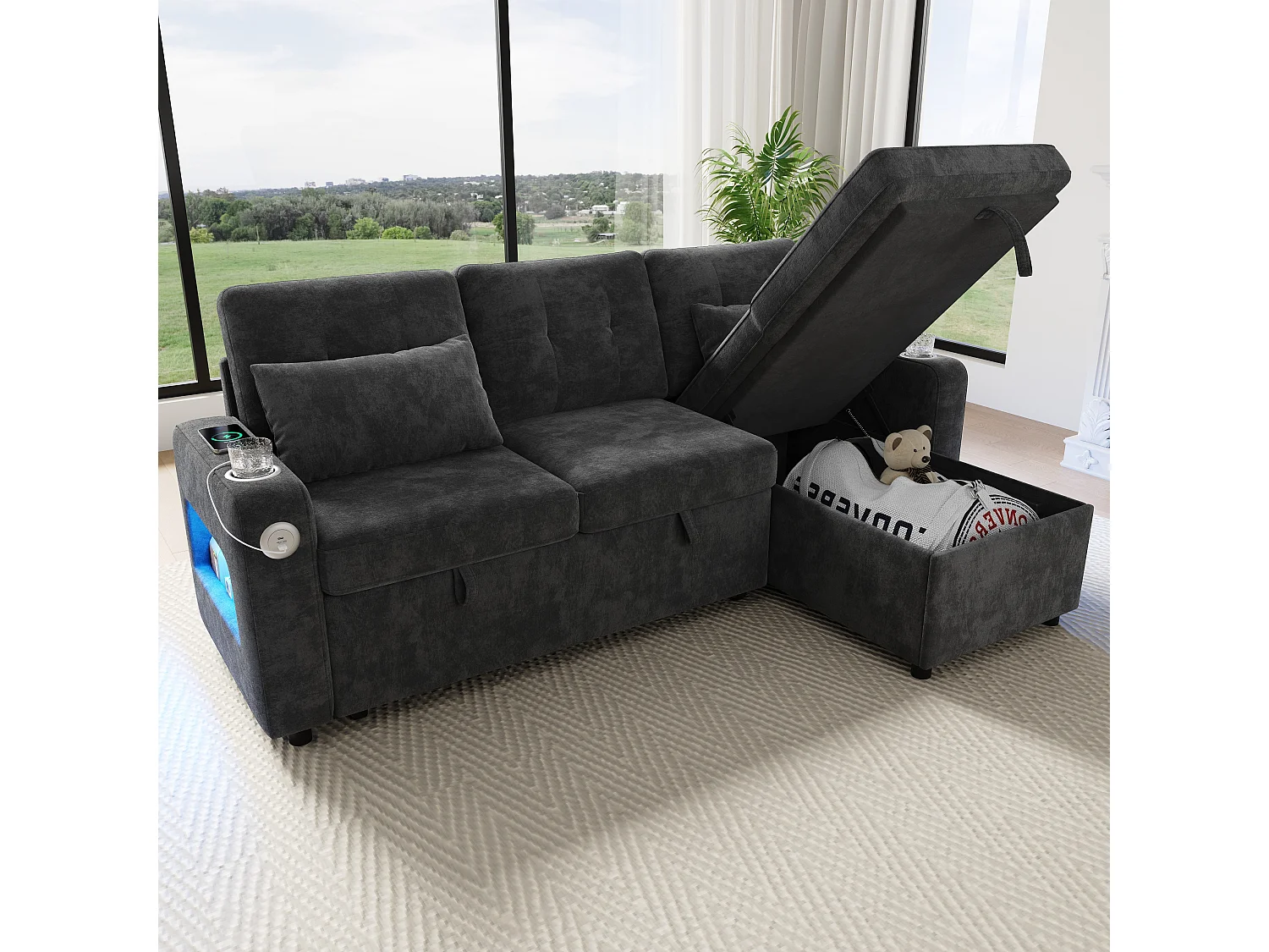 Canapé d'angle convertible 3 places - 206 x 131 x 85 cm - avec rangement + Leds + USB + porte-gobelets - velours - gris