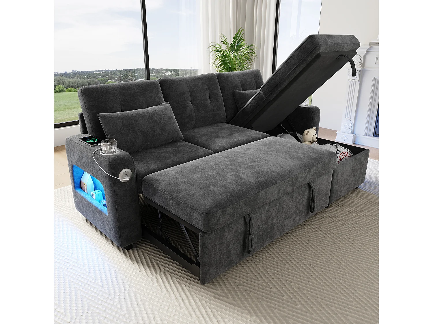 Canapé d'angle convertible 3 places - 206 x 131 x 85 cm - avec rangement + Leds + USB + porte-gobelets - velours - gris