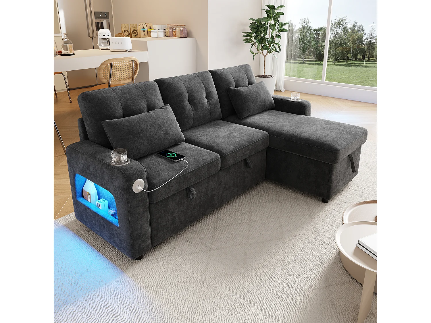 Canapé d'angle convertible 3 places - 206 x 131 x 85 cm - avec rangement + Leds + USB + porte-gobelets - velours - gris