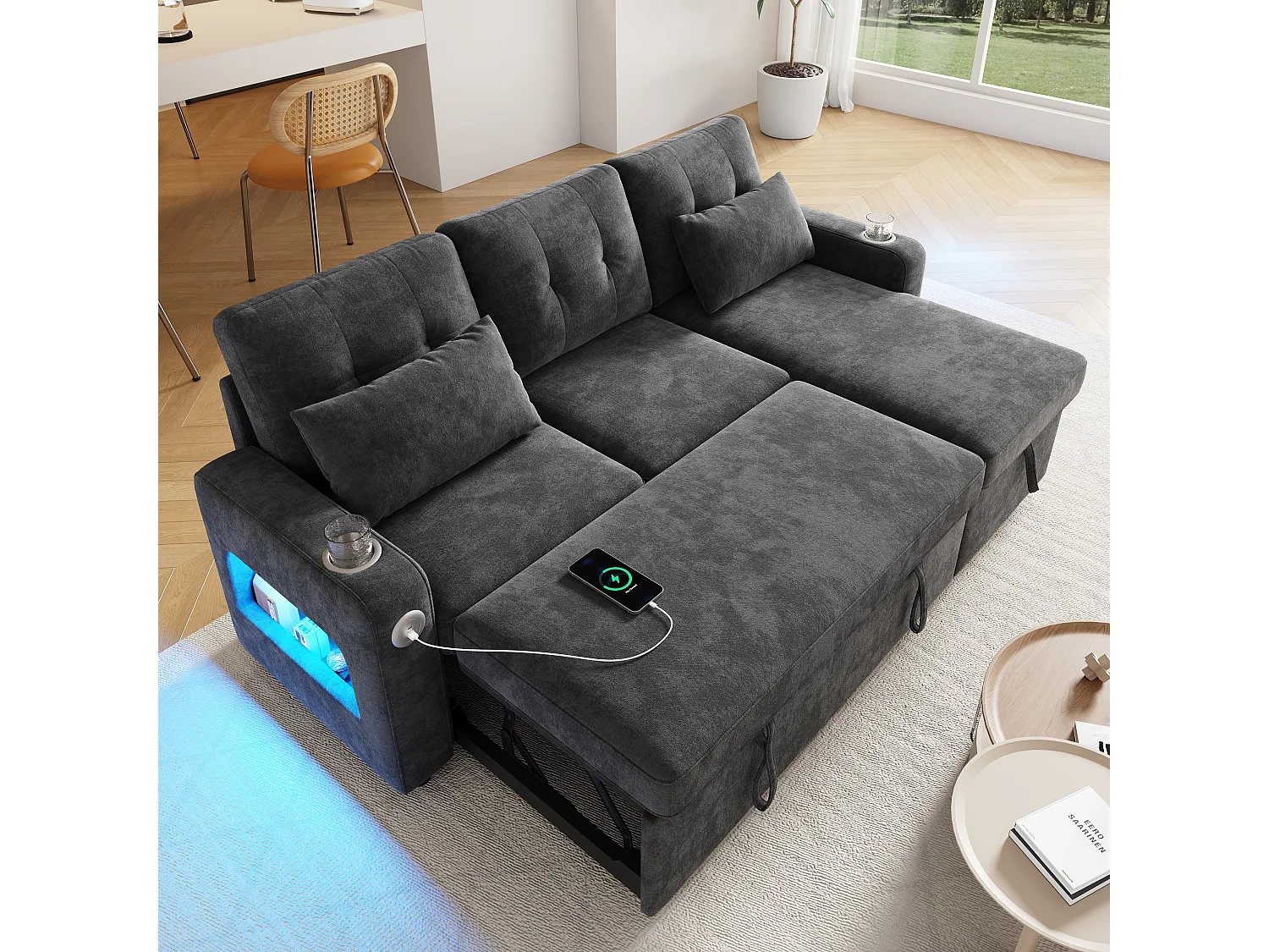 Canapé d'angle convertible 3 places - 206 x 131 x 85 cm - avec rangement + Leds + USB + porte-gobelets - velours - gris