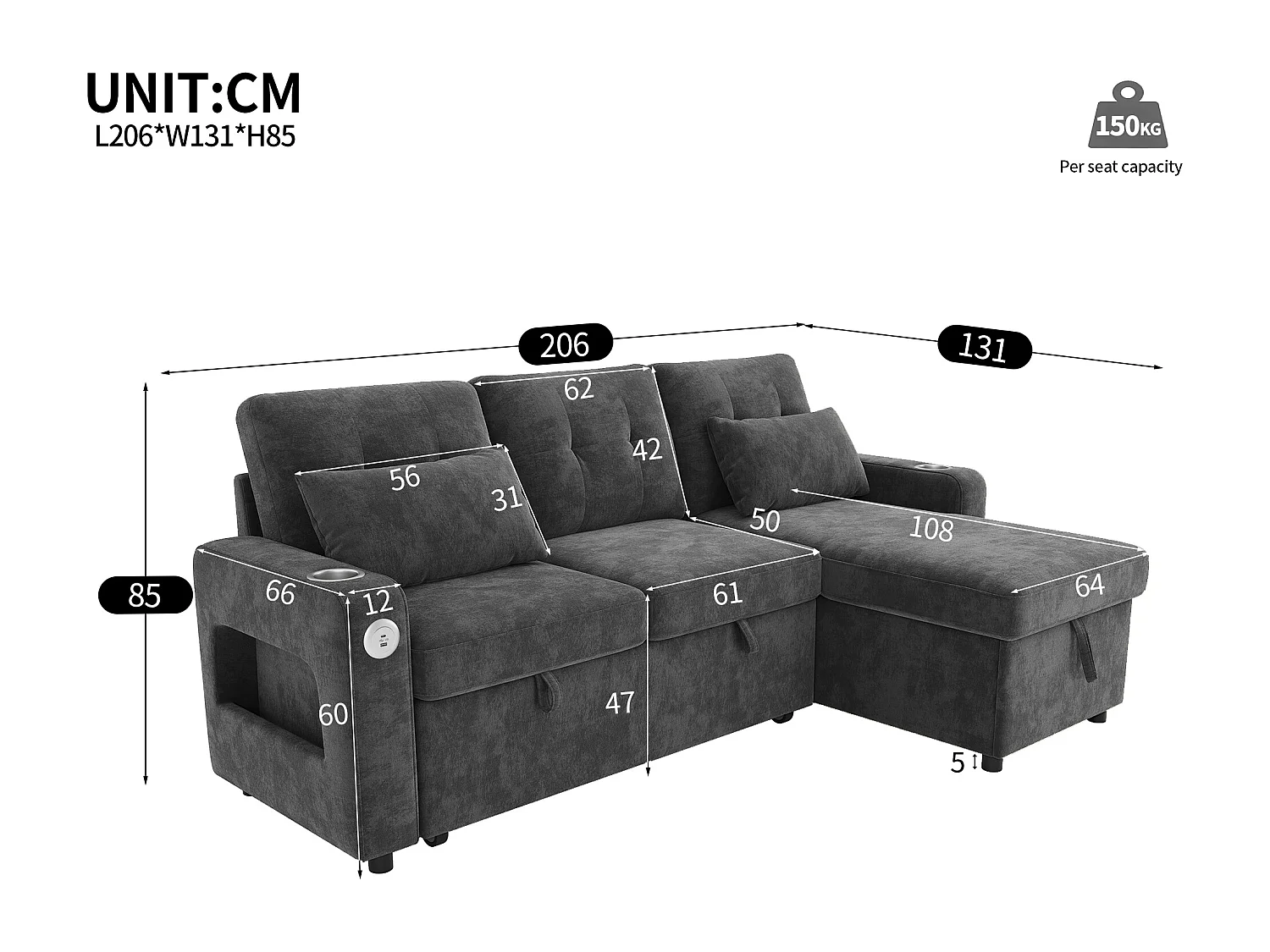 Canapé d'angle convertible 3 places - 206 x 131 x 85 cm - avec rangement + Leds + USB + porte-gobelets - velours - gris