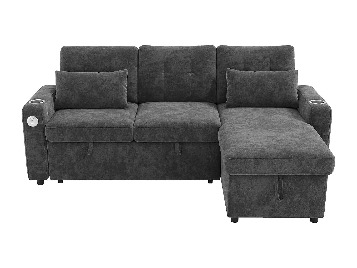 Canapé d'angle convertible 3 places - 206 x 131 x 85 cm - avec rangement + Leds + USB + porte-gobelets - velours - gris