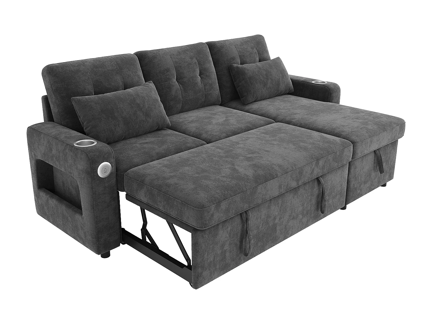 Canapé d'angle convertible 3 places - 206 x 131 x 85 cm - avec rangement + Leds + USB + porte-gobelets - velours - gris
