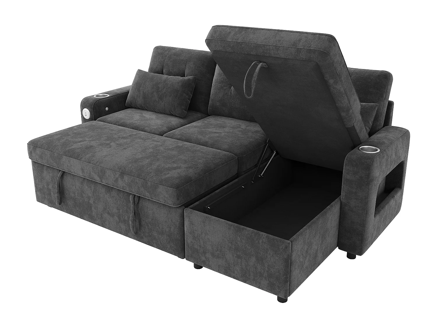 Canapé d'angle convertible 3 places - 206 x 131 x 85 cm - avec rangement + Leds + USB + porte-gobelets - velours - gris