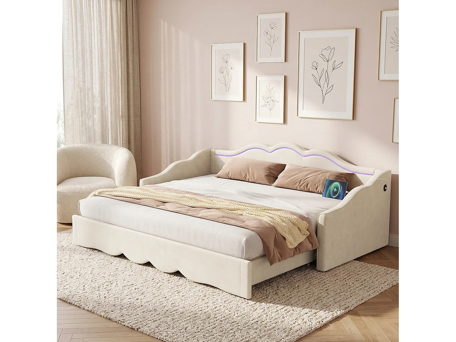 Sofá-cama infantil conversível - 90/180 x 200 cm - com LEDs + porta USB - veludo - bege