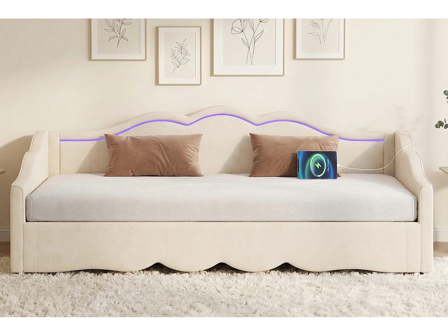 Sofá-cama infantil conversível - 90/180 x 200 cm - com LEDs + porta USB - veludo - bege