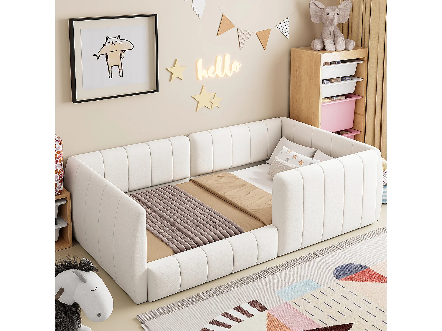 Gestoffeerd platformbed voor kinderen - 90 x 200 cm - met veiligheidshekje - MDF - beige
