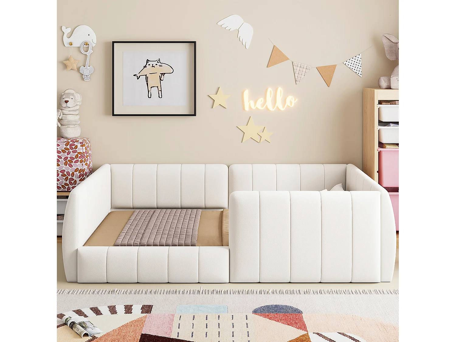 Gestoffeerd platformbed voor kinderen - 90 x 200 cm - met veiligheidshekje - MDF - beige