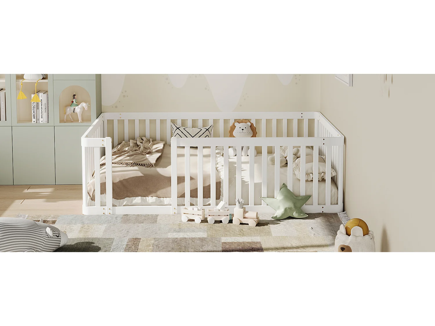 Drewniana rama łóżka dziecięcego - 90 x 200 cm - z barierką - bez stelaża - biała