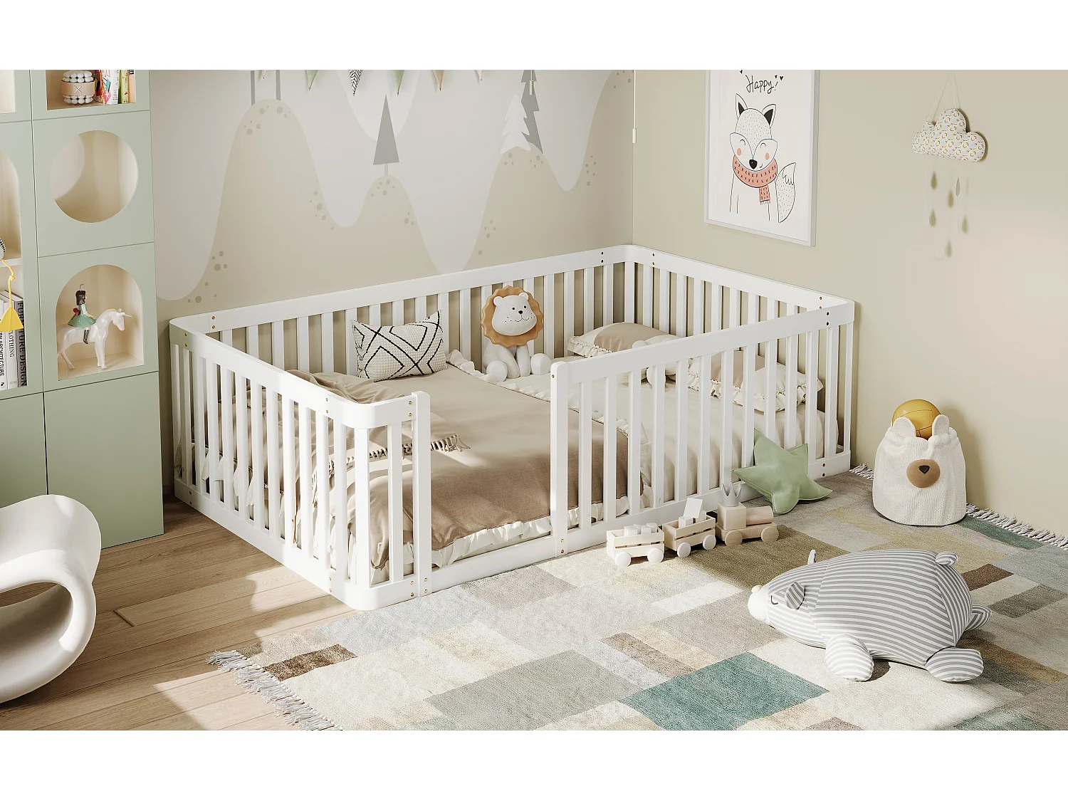 Drewniana rama łóżka dziecięcego - 90 x 200 cm - z barierką - bez stelaża - biała