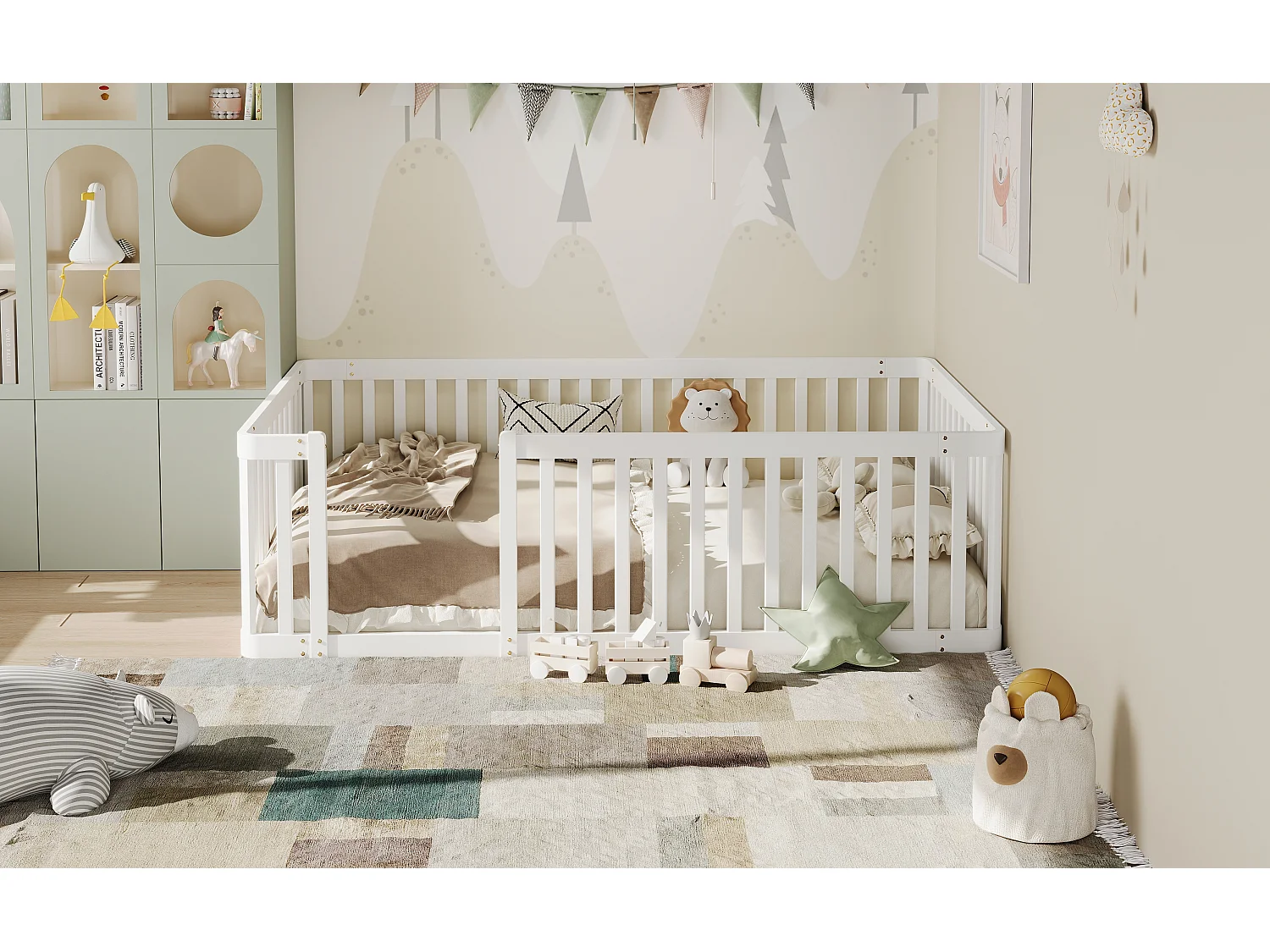 Drewniana rama łóżka dziecięcego - 90 x 200 cm - z barierką - bez stelaża - biała