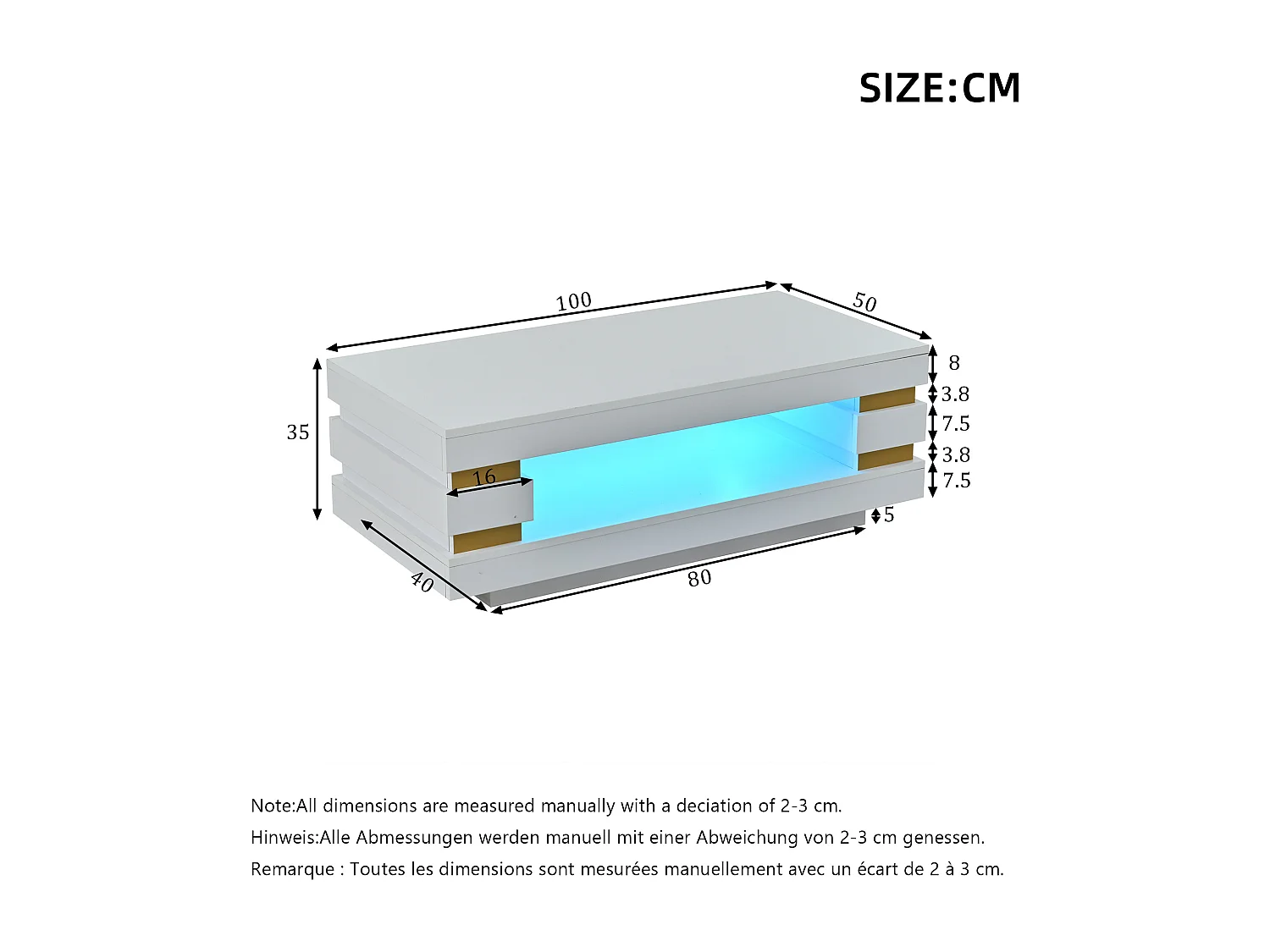 Moderner Couchtisch – 100 x 50 x 35 cm – mit zentraler Ablagefläche und LEDs – Spanplatte – weiß