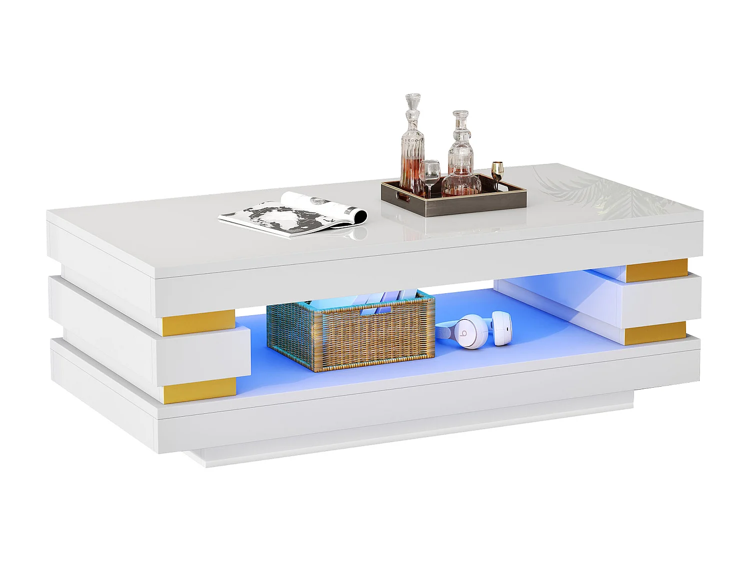 Moderner Couchtisch – 100 x 50 x 35 cm – mit zentraler Ablagefläche und LEDs – Spanplatte – weiß