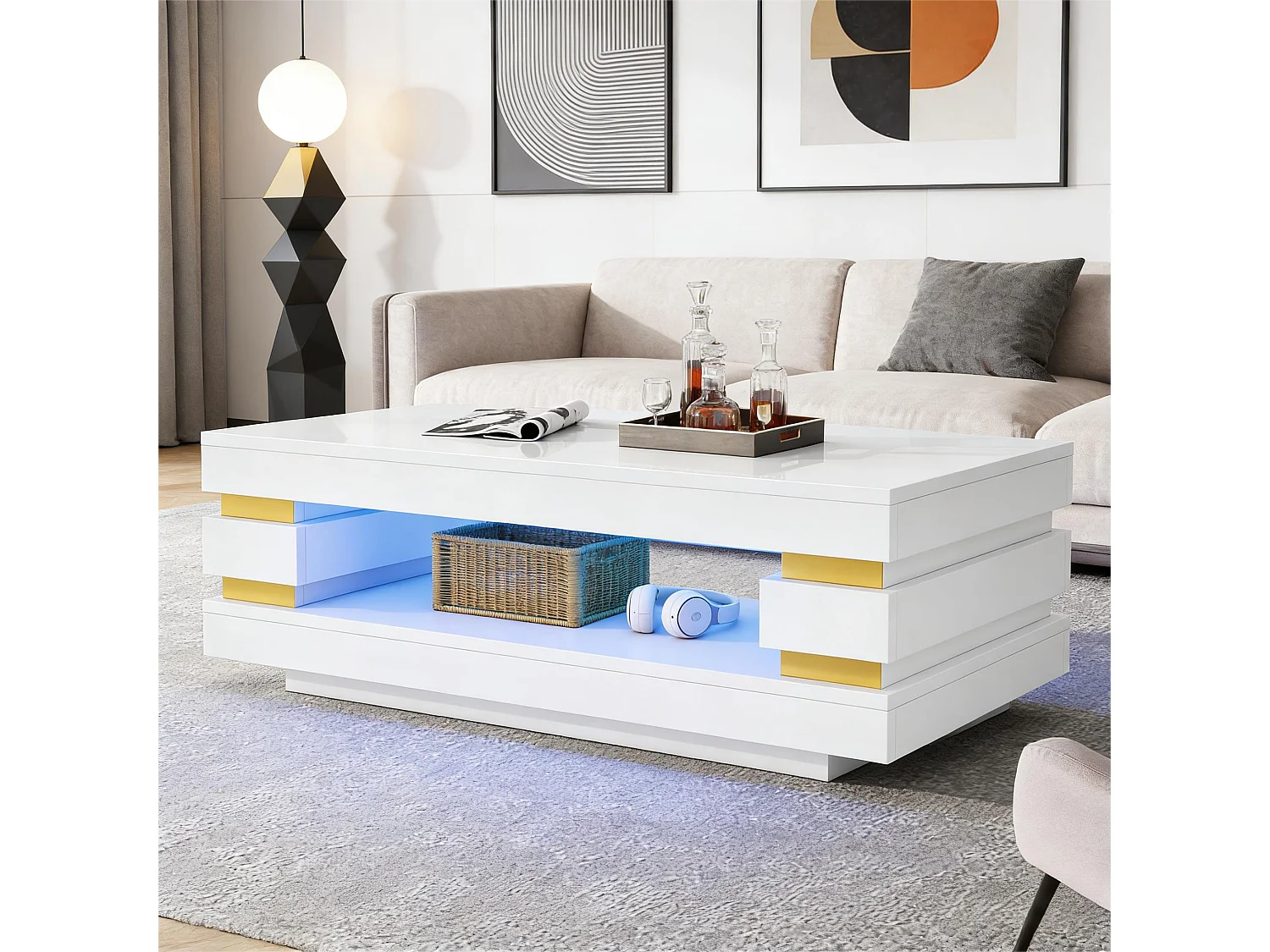 Moderner Couchtisch – 100 x 50 x 35 cm – mit zentraler Ablagefläche und LEDs – Spanplatte – weiß
