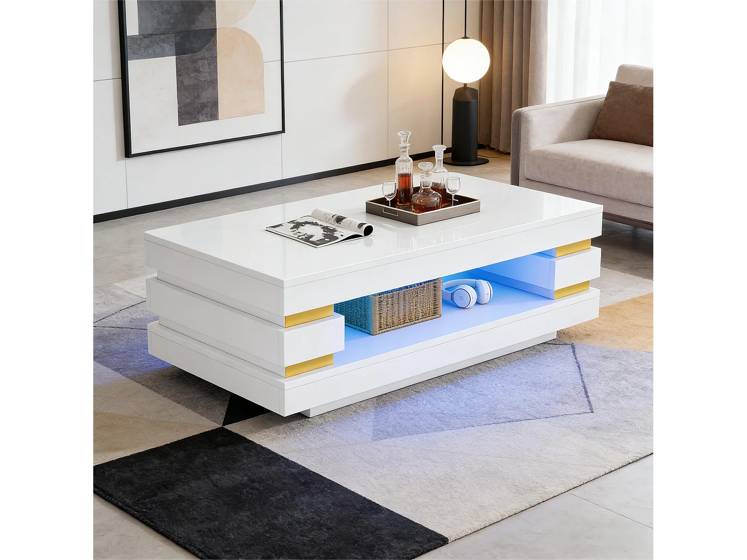 Moderner Couchtisch – 100 x 50 x 35 cm – mit zentraler Ablagefläche und LEDs – Spanplatte – weiß