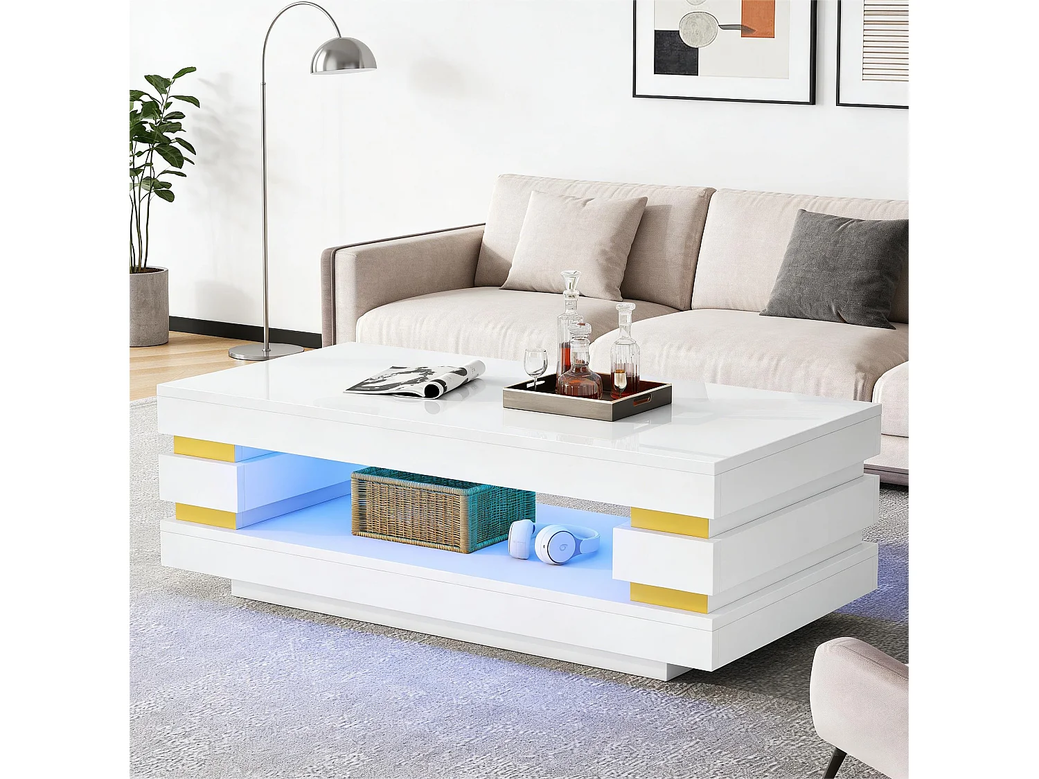 Moderner Couchtisch – 100 x 50 x 35 cm – mit zentraler Ablagefläche und LEDs – Spanplatte – weiß