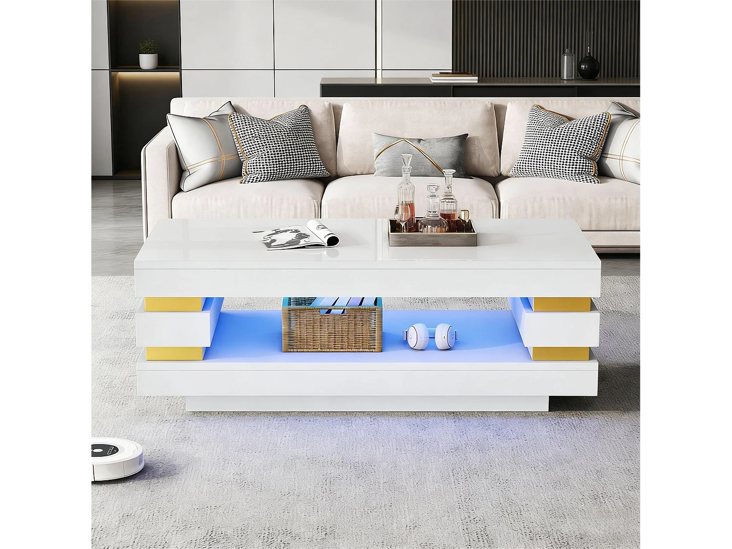 Moderner Couchtisch – 100 x 50 x 35 cm – mit zentraler Ablagefläche und LEDs – Spanplatte – weiß