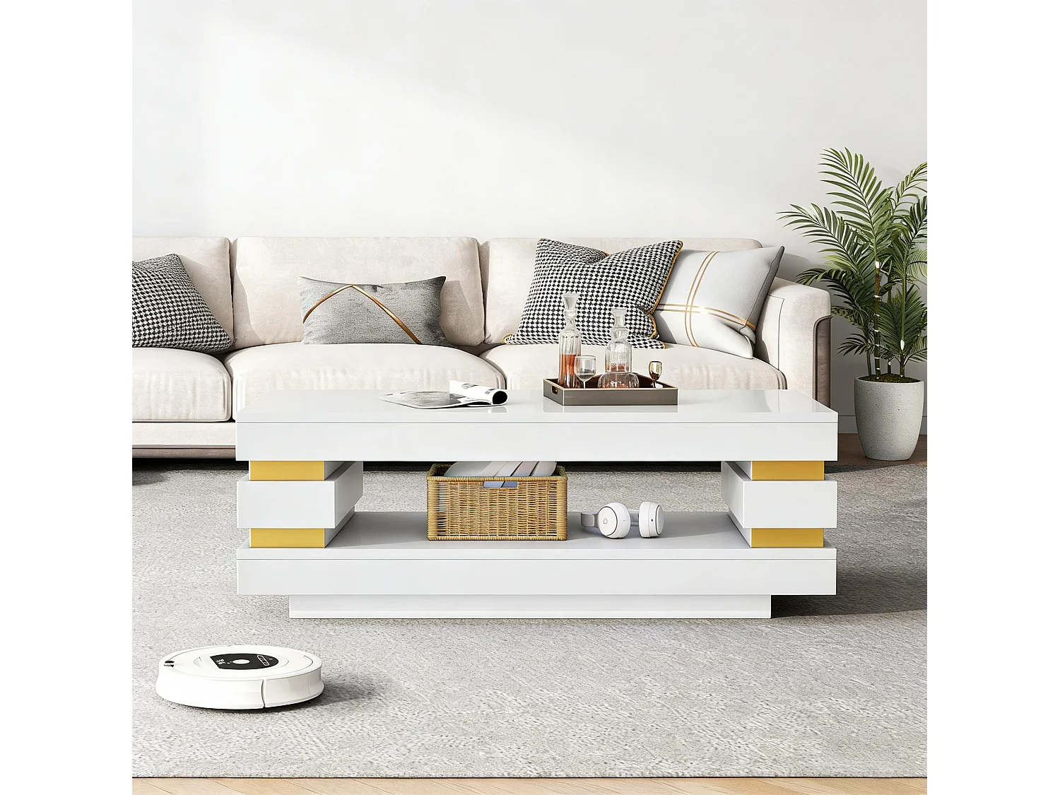 Moderner Couchtisch – 100 x 50 x 35 cm – mit zentraler Ablagefläche und LEDs – Spanplatte – weiß