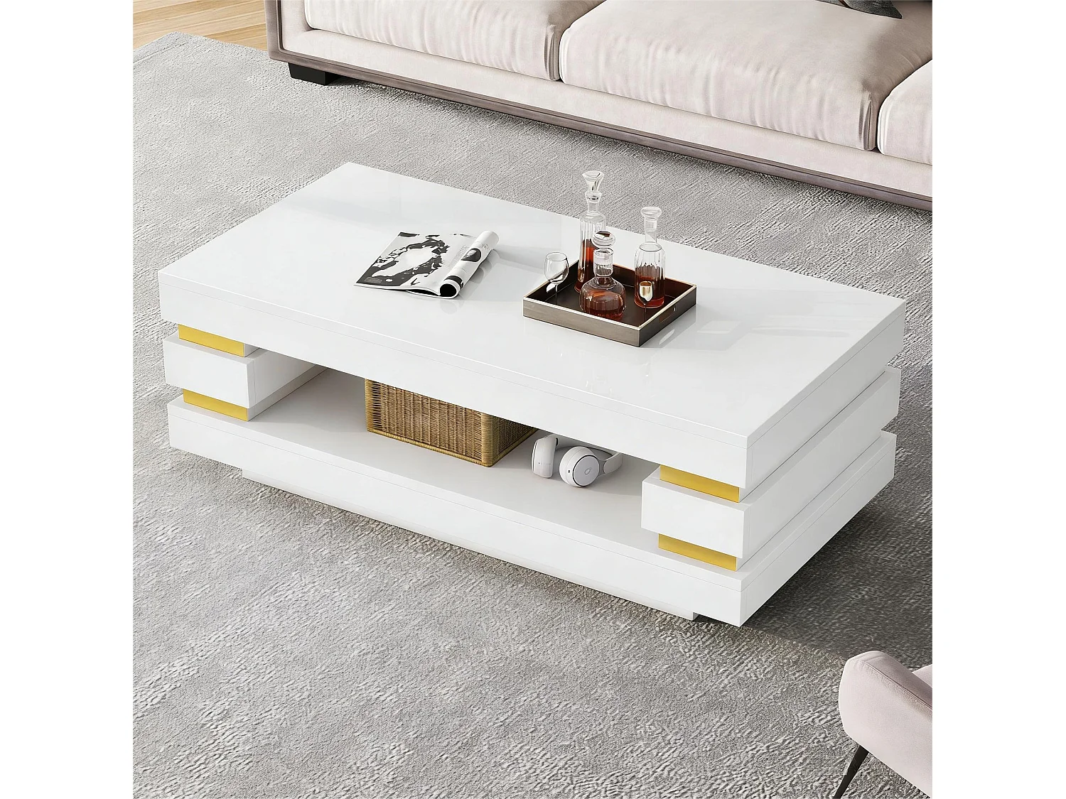 Moderner Couchtisch – 100 x 50 x 35 cm – mit zentraler Ablagefläche und LEDs – Spanplatte – weiß