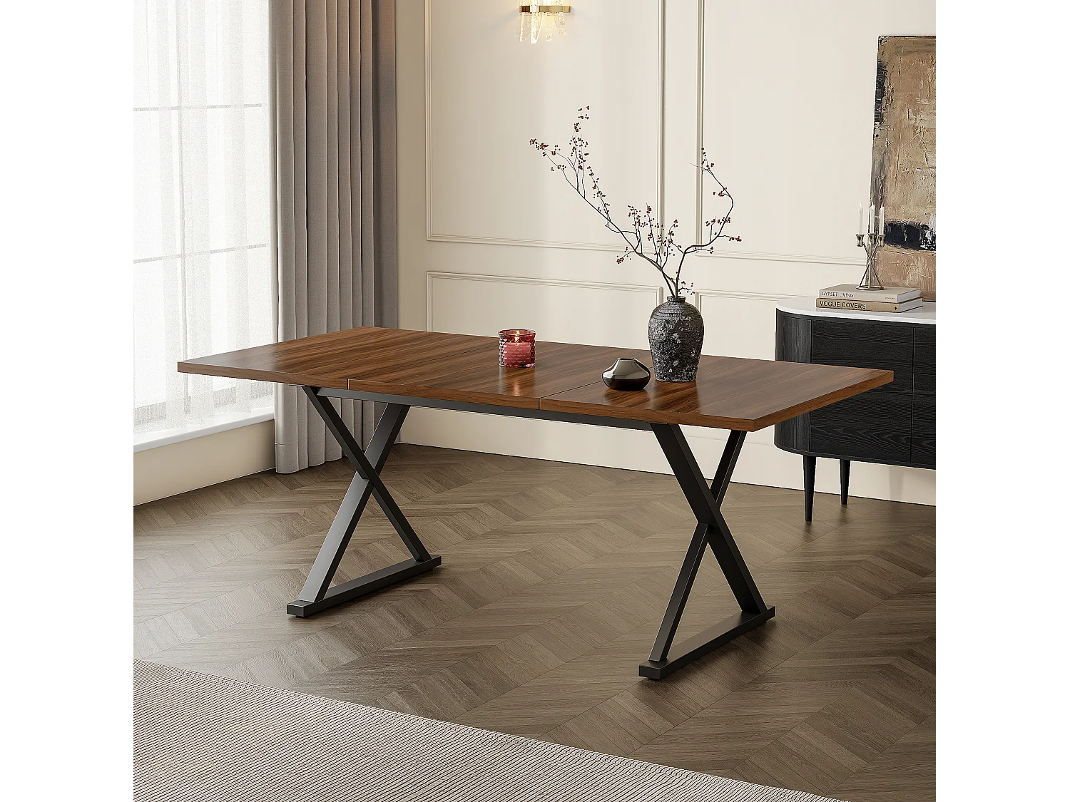 Table à manger style moderne - 180 x 90 x 75 cm - pieds en métal - pour 6 à 8 personnes - marron + noir