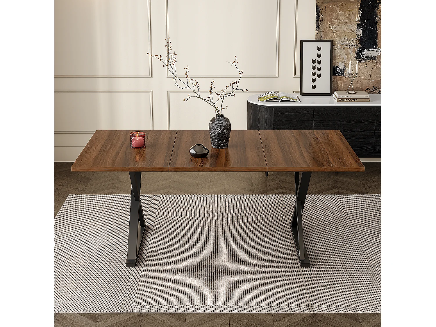 Table à manger style moderne - 180 x 90 x 75 cm - pieds en métal - pour 6 à 8 personnes - marron + noir