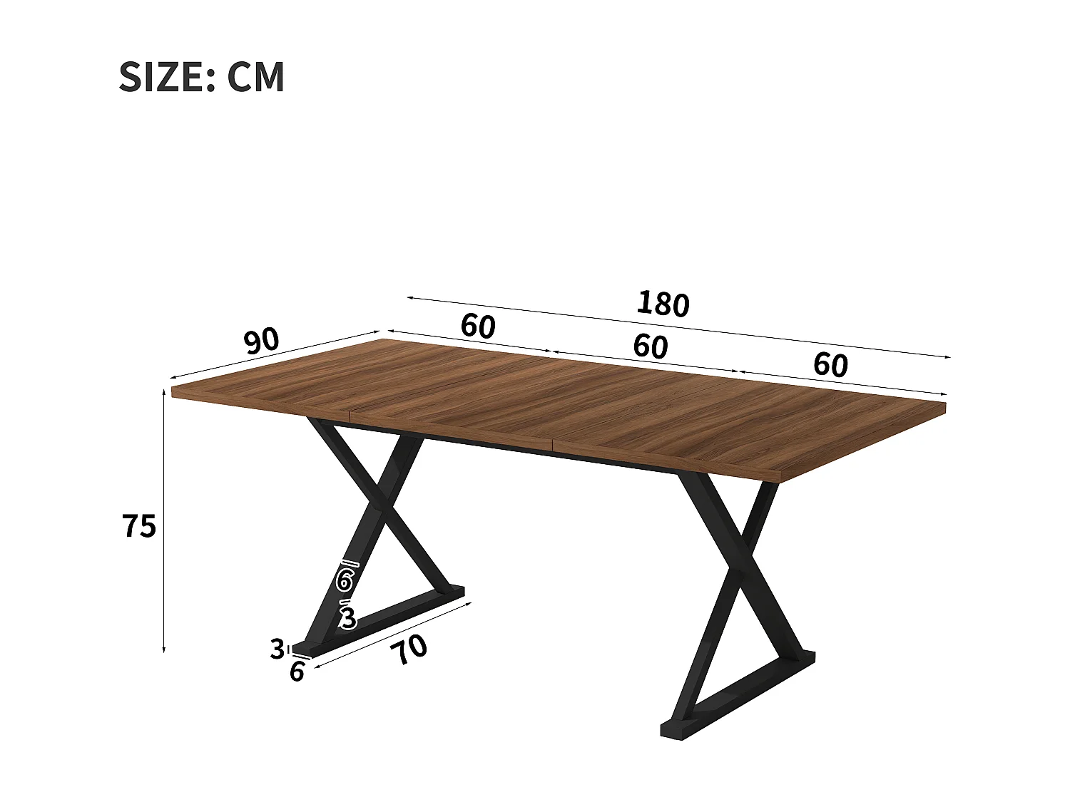 Table à manger style moderne - 180 x 90 x 75 cm - pieds en métal - pour 6 à 8 personnes - marron + noir