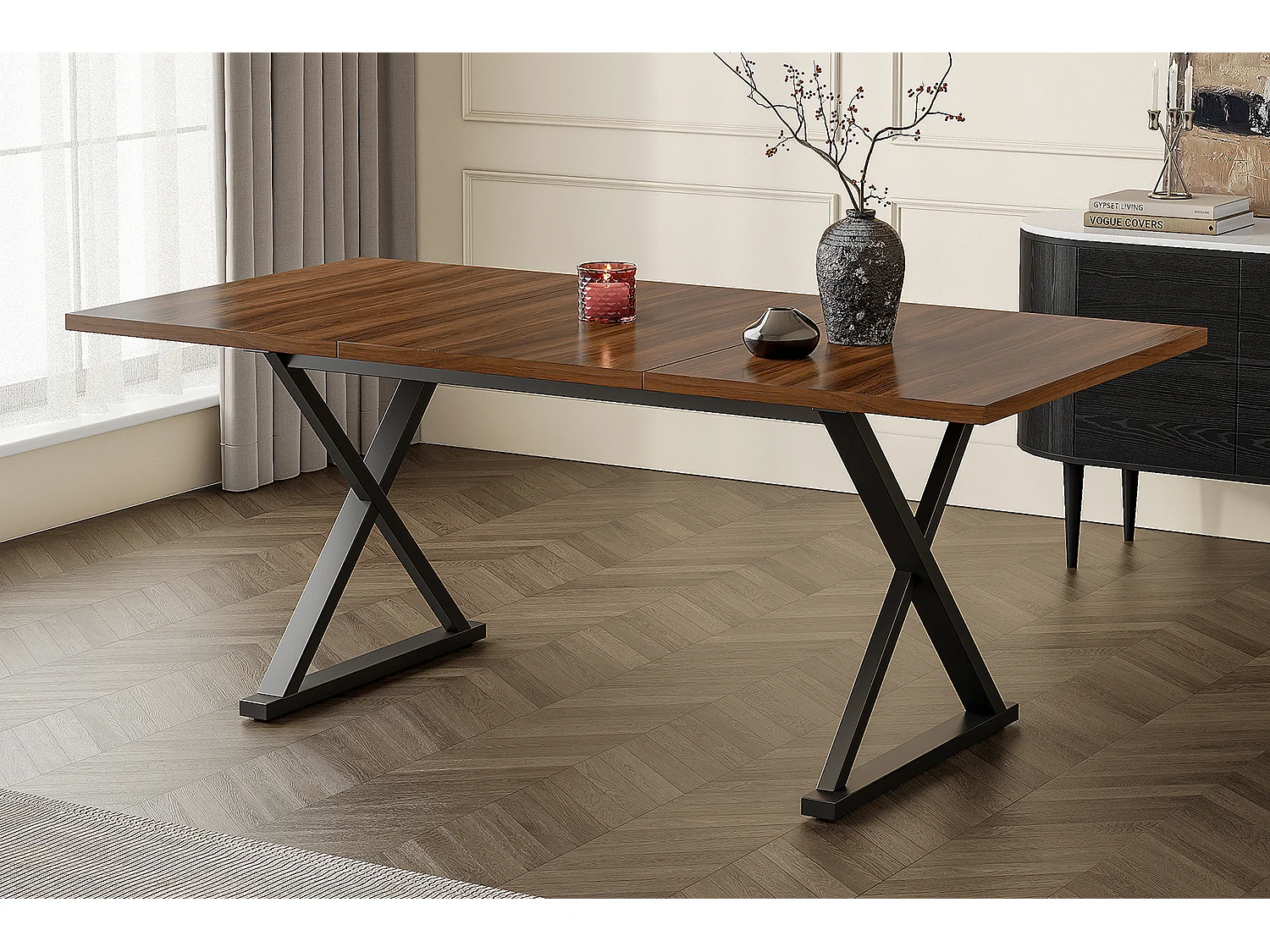 Table à manger style moderne - 180 x 90 x 75 cm - pieds en métal - pour 6 à 8 personnes - marron + noir