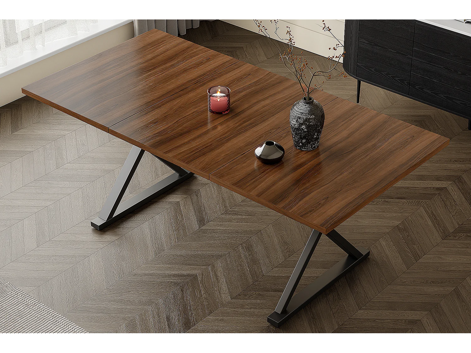 Table à manger style moderne - 180 x 90 x 75 cm - pieds en métal - pour 6 à 8 personnes - marron + noir