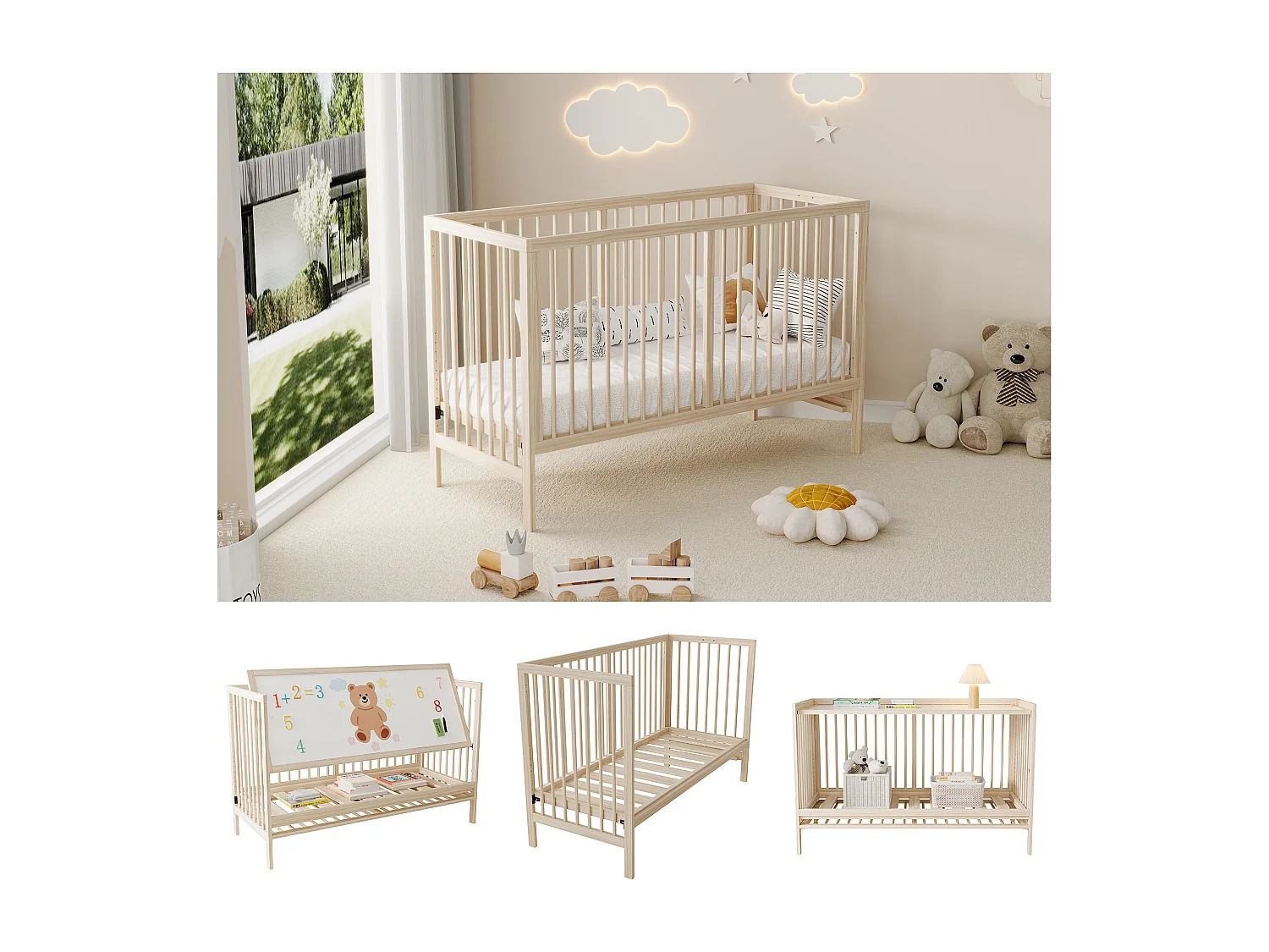 Multifunctioneel houten babybedje - 120 x 60 x 90 cm - ombouwbaar - zonder matras - naturel