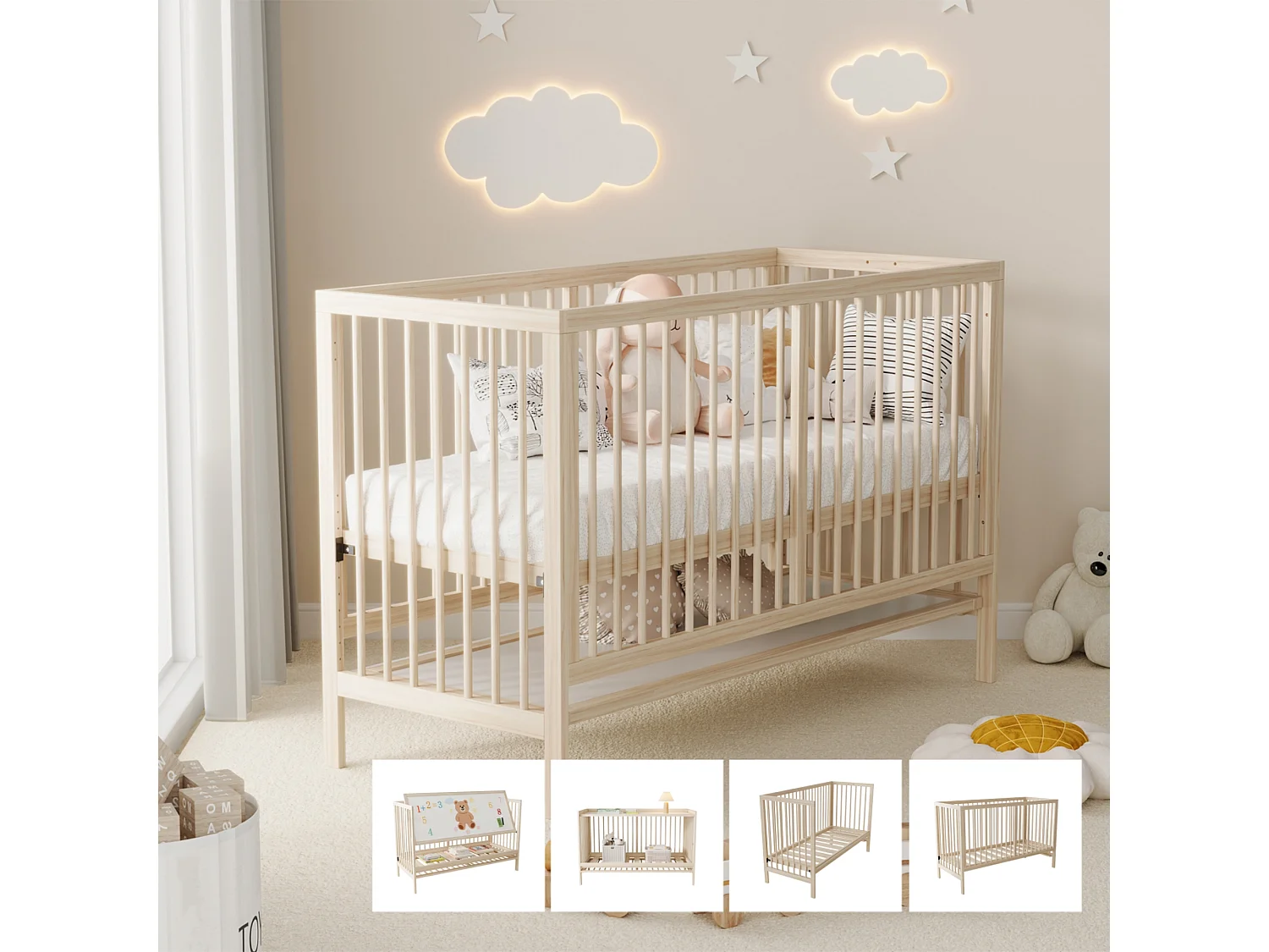 Multifunctioneel houten babybedje - 120 x 60 x 90 cm - ombouwbaar - zonder matras - naturel