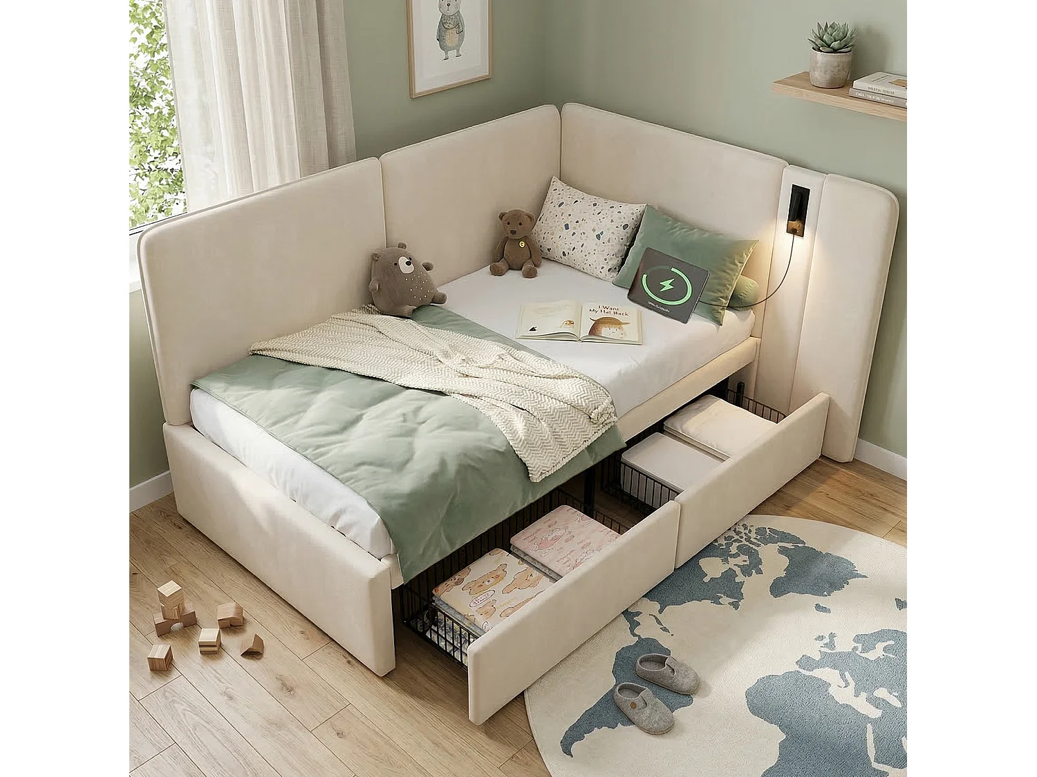 Lettino imbottito per bambini - 90 x 200 cm - con 2 cassetti + porta USB + lampada da lettura - velluto - beige