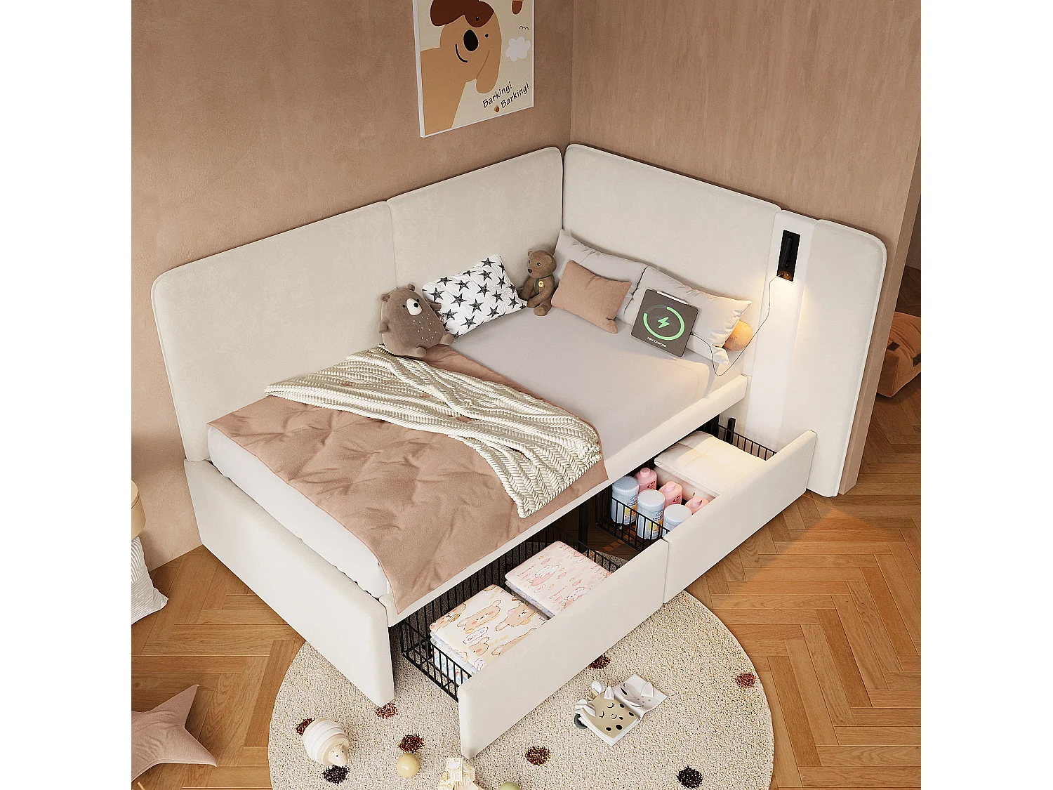 Lettino imbottito per bambini - 90 x 200 cm - con 2 cassetti + porta USB + lampada da lettura - velluto - beige
