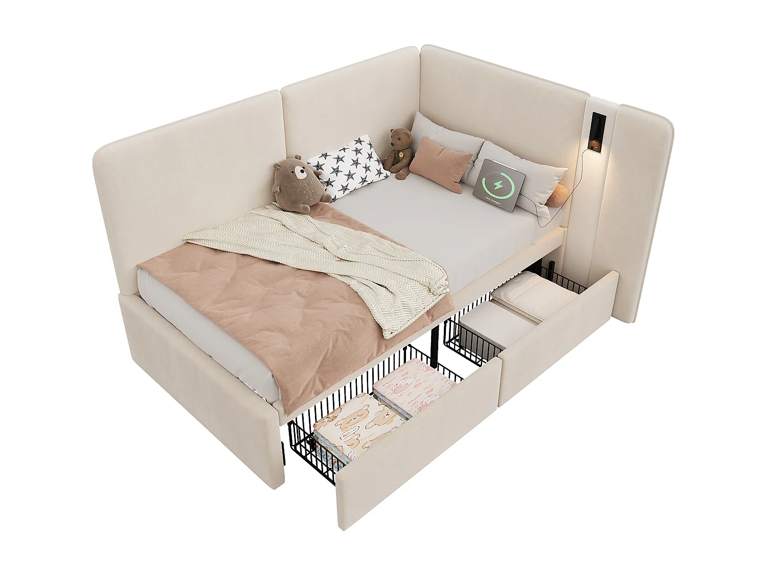 Lettino imbottito per bambini - 90 x 200 cm - con 2 cassetti + porta USB + lampada da lettura - velluto - beige