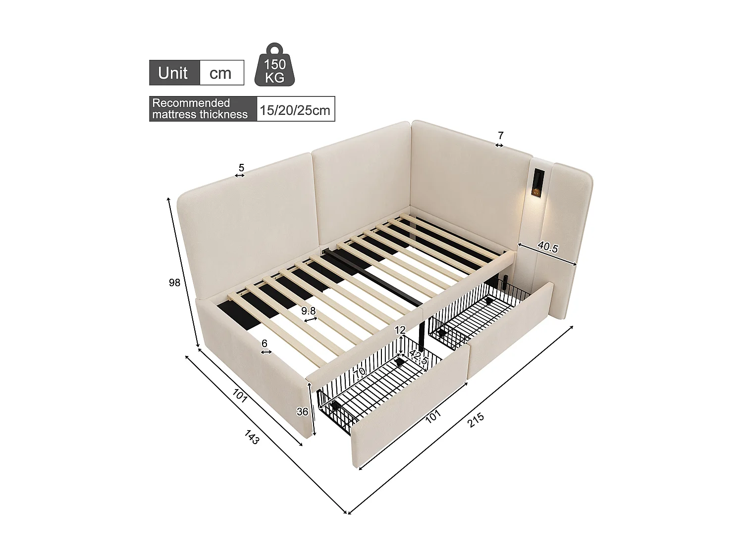Lettino imbottito per bambini - 90 x 200 cm - con 2 cassetti + porta USB + lampada da lettura - velluto - beige